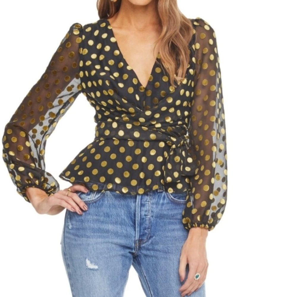 ASTR The Label Black Gold Dot Top Ballon Sleeves Size Large